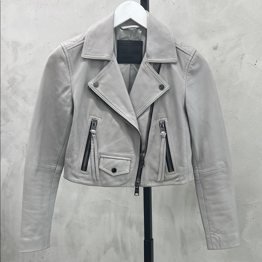 All Saints Light Grey Cropped Leather Moto Jacket